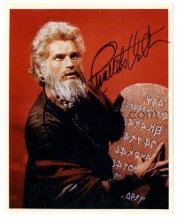 6t518 CHARLTON HESTON signed color 8x10 REPRO still '90s as old Moses w/tablet in Ten Commandments!