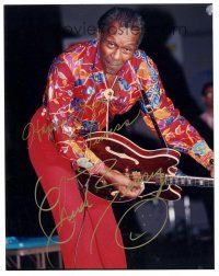 6t523 CHUCK BERRY signed color 8x10 REPRO still '90s great portrait still performing with guitar!