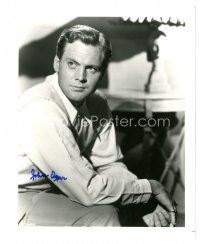 6t597 JOHN AGAR signed 8x10 REPRO still '80s close seated portrait wearing collared shirt!