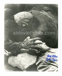 6t599 JOHN AGAR signed 8x10 REPRO still '80s great close up with monster from The Mole People!