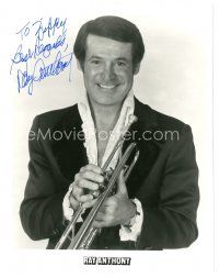 6t426 RAY ANTHONY signed 8x10 music publicity still '70s smiling c/u in great outfit with trumpet!