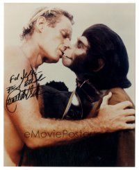 6t521 CHARLTON HESTON signed color 8x10 REPRO still '90s kissing Kim Hunter in Planet of the Apes!