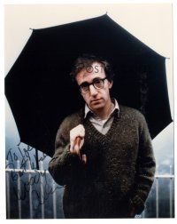 6t756 WOODY ALLEN signed color 8x10 REPRO still '90s holding umbrella and looking pensive as ever!