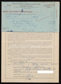 6t057 CAROL MORRIS signed contract '56 joining American Federation of Television & Radio Artists!
