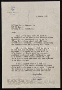 6t016 JOHN GAVIN signed letter '63 in Rome, firing the William Morris Agency from being his agent!