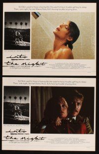 6w856 INTO THE NIGHT 2 English LCs '85 sexy Michelle Pfeiffer in shower & held by David Bowie!