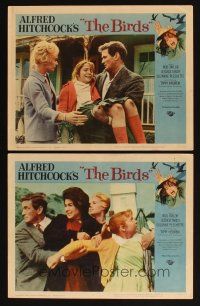 6w759 BIRDS 2 LCs '63 Hitchcock, Rod Taylor, Suzanne Pleshette & Tippi Hedren on the run!