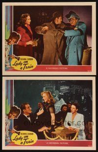 6w871 LADY ON A TRAIN 2 LCs '45 detective Deanna Durbin watching Ralph Bellamy get punched!