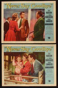 6w907 NEVER SAY GOODBYE 2 LCs '56 Cornell Borchers stops Rock Hudson from hitting George Sanders!