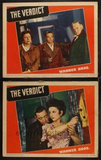 6w982 VERDICT 2 LCs '46 Peter Lorre pointing gun, Sydney Greenstreet, Joan Lorring!