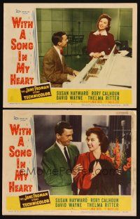 6w996 WITH A SONG IN MY HEART 2 LCs '52 close up of David Wayne smiling at pretty Susan Hayward!