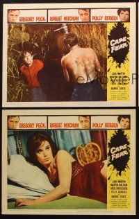 6w572 CAPE FEAR 3 LCs '62 Robert Mitchum & Gregory Peck fighting, Bergen, classic film noir!