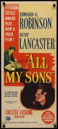 6y462 ALL MY SONS Aust daybill '48 Burt Lancaster choking Edward G. Robinson & kissing pretty girl