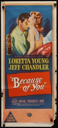 6y477 BECAUSE OF YOU Aust daybill '52 stone litho art of Jeff Chandler & sexy Loretta Young!