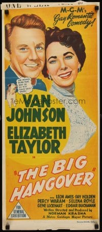 6y483 BIG HANGOVER Aust daybill '50 stone litho art of pretty Elizabeth Taylor & Van Johnson!