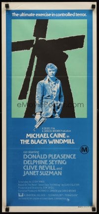 6y487 BLACK WINDMILL Aust daybill '74 image of Michael Caine w/gun, Donald Pleasence, Don Siegel