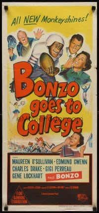 6y492 BONZO GOES TO COLLEGE Aust daybill '52 art of chimp playing football, all new monkeyshines!