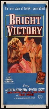 6y498 BRIGHT VICTORY Aust daybill '51 art of blind Arthur Kennedy kissing pretty Peggy Dow!