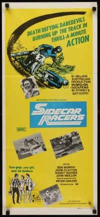 6y523 SIDECAR RACERS Aust daybill '75 motorcycle racing from Down Under, 2 guys, 1 girl, no brakes