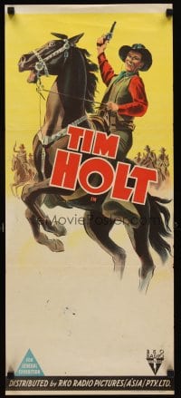 6y547 TIM HOLT stock Aust daybill '40s wonderful stone litho art of cowboy on horseback!