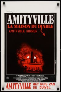 6y667 AMITYVILLE HORROR Belgian '79 great image of haunted house, for God's sake get out!