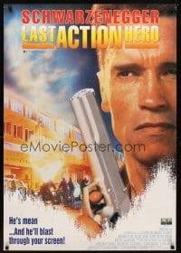 6y446 LAST ACTION HERO Australian video poster '93 great image of tough Arnold Schwarzenegger!