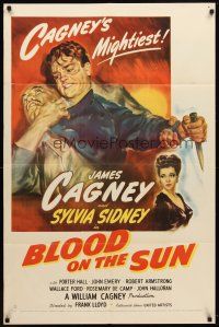 7b062 BLOOD ON THE SUN 1sh '45 great art of James Cagney in fight, plus sexy Sylvia Sidney!
