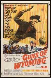 7b097 CATTLE KING 1sh '63 cool artwork of Robert Taylor about to pistol-whip guy, Guns of Wyoming!