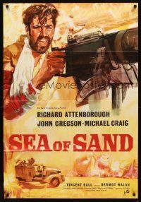7b142 DESERT PATROL English 1sh '58 Richard Attenborough, Sea of Sand, soldier with huge gun!