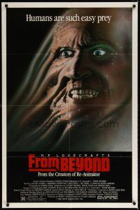 7b243 FROM BEYOND 1sh '86 H.P. Lovecraft, wild sci-fi horror image, humans are such easy prey!
