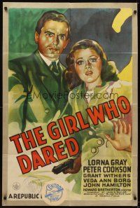 7b266 GIRL WHO DARED kraftbacked 1sh '44 cool dramatic art of Lorna Gray & Peter Cookson!