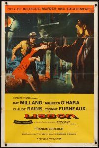 7b481 LISBON 1sh '56 Ray Milland & Maureen O'Hara in the city of intrigue & murder!