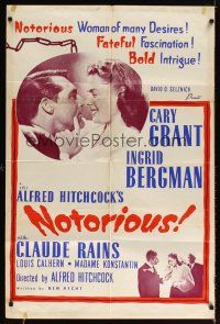 7b627 NOTORIOUS 1sh R60s close up of Cary Grant & Ingrid Bergman, Alfred Hitchcock classic!
