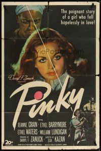 7b665 PINKY 1sh '49 Elia Kazan directed, Jeanne Crain, classic half-white/half-black image!