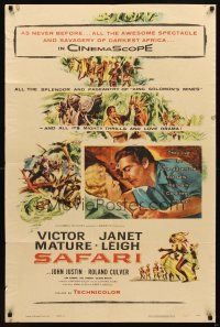7b743 SAFARI 1sh '56 Victor Mature, Janet Leigh, cool artwork of jungle adventure!