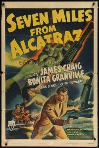 7b766 SEVEN MILES FROM ALCATRAZ 1sh '42 cool art of James Craig escaping with gun!