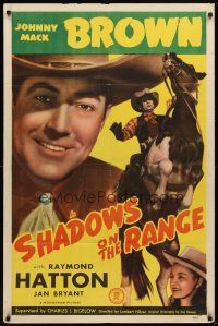 7b774 SHADOWS ON THE RANGE 1sh '46 great image of cowboy Johnny Mack Brown w/horse, Jan Bryant!