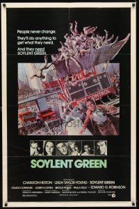 7b809 SOYLENT GREEN 1sh '73 art of Charlton Heston trying to escape riot control by John Solie!
