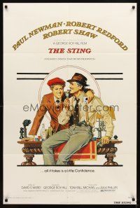 7b832 STING 1sh '74 best artwork of con men Paul Newman & Robert Redford by Richard Amsel!
