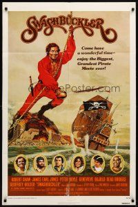 7b853 SWASHBUCKLER 1sh '76 art of pirate Robert Shaw swinging on rope by ship by John Solie!