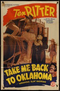 7b860 TAKE ME BACK TO OKLAHOMA 1sh R48 cowboy Tex Ritter catches bad guy on stagecoach!