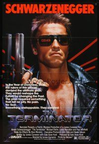 7b880 TERMINATOR 1sh '84 super close up of most classic cyborg Arnold Schwarzenegger with gun!