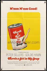 7b885 THERE'S A GIRL IN MY SOUP 1sh '71 Peter Sellers, Goldie Hawn, great Campbells soup can art!