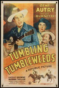 7b918 TUMBLING TUMBLEWEEDS 1sh R44 great artwork of cowboy Gene Autry, Smiley Burnette!