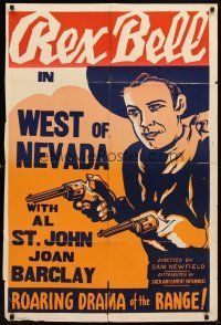 7b952 REX BELL 1sh '40s really cool artwork of cowboy Rex Bell, West of Nevada!