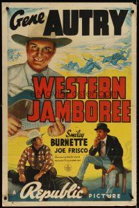 7b954 WESTERN JAMBOREE 1sh '38 Gene Autry smiling and playing guitar, Smiley Burnette!