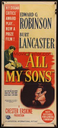 7c438 ALL MY SONS Aust daybill '48 Burt Lancaster choking Edward G. Robinson & kissing pretty girl