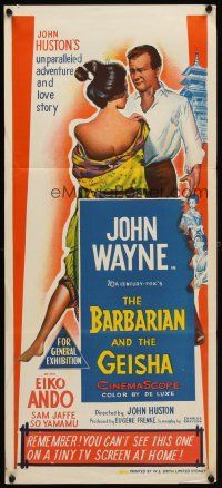7c458 BARBARIAN & THE GEISHA Aust daybill '58 John Huston, art of John Wayne with Eiko Ando!