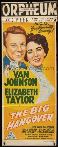 7c473 BIG HANGOVER Aust daybill '50 stone litho art of pretty Elizabeth Taylor & Van Johnson!