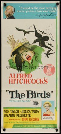 7c477 BIRDS Aust daybill '63 Alfred Hitchcock, Tippi Hedren, Jessica Tandy attacked by birds!